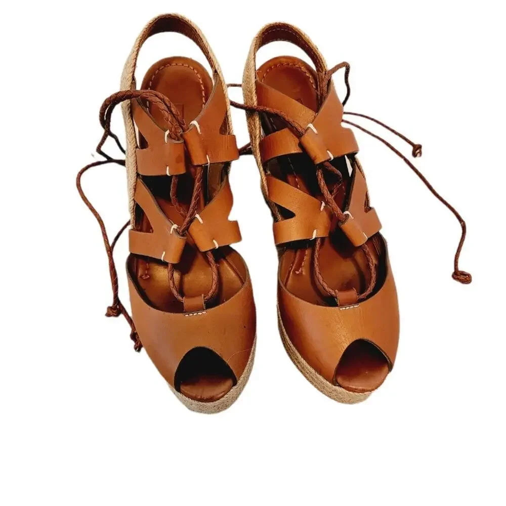 RALPH LAUREN COLLECTION TIE UP BROWN PLATFORM SIZE 6B